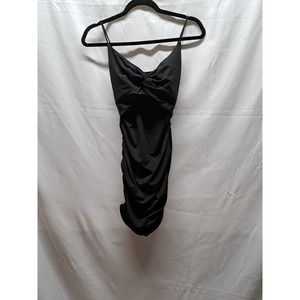 Black slinky sexy open back spaghetti strap ruched sides above the knee dress XS